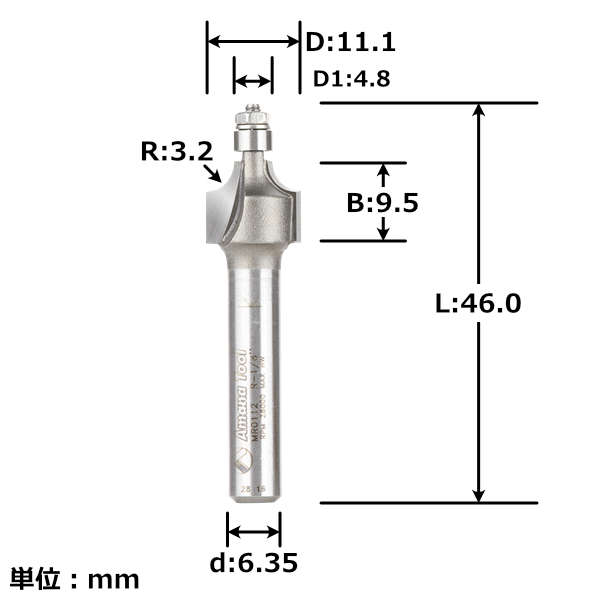 Amana Tool MR0112 ミニチュア丸面ビット 半径1/8"(3.2mm) 刃径7/16"(11.1mm) 1/4"(6.35mm)軸